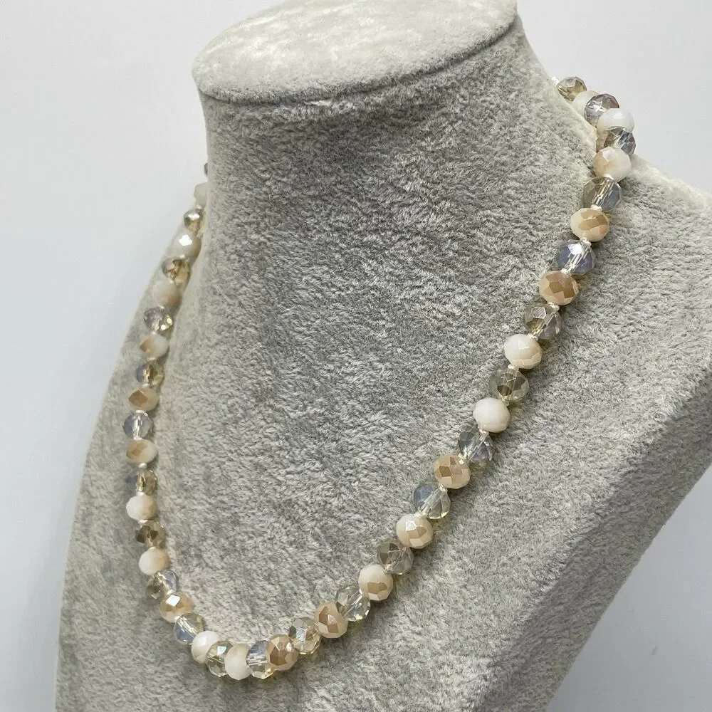 Stunning Cream Beige Glass Rondel Beaded Knotted Necklace Boho Fashion Statement
